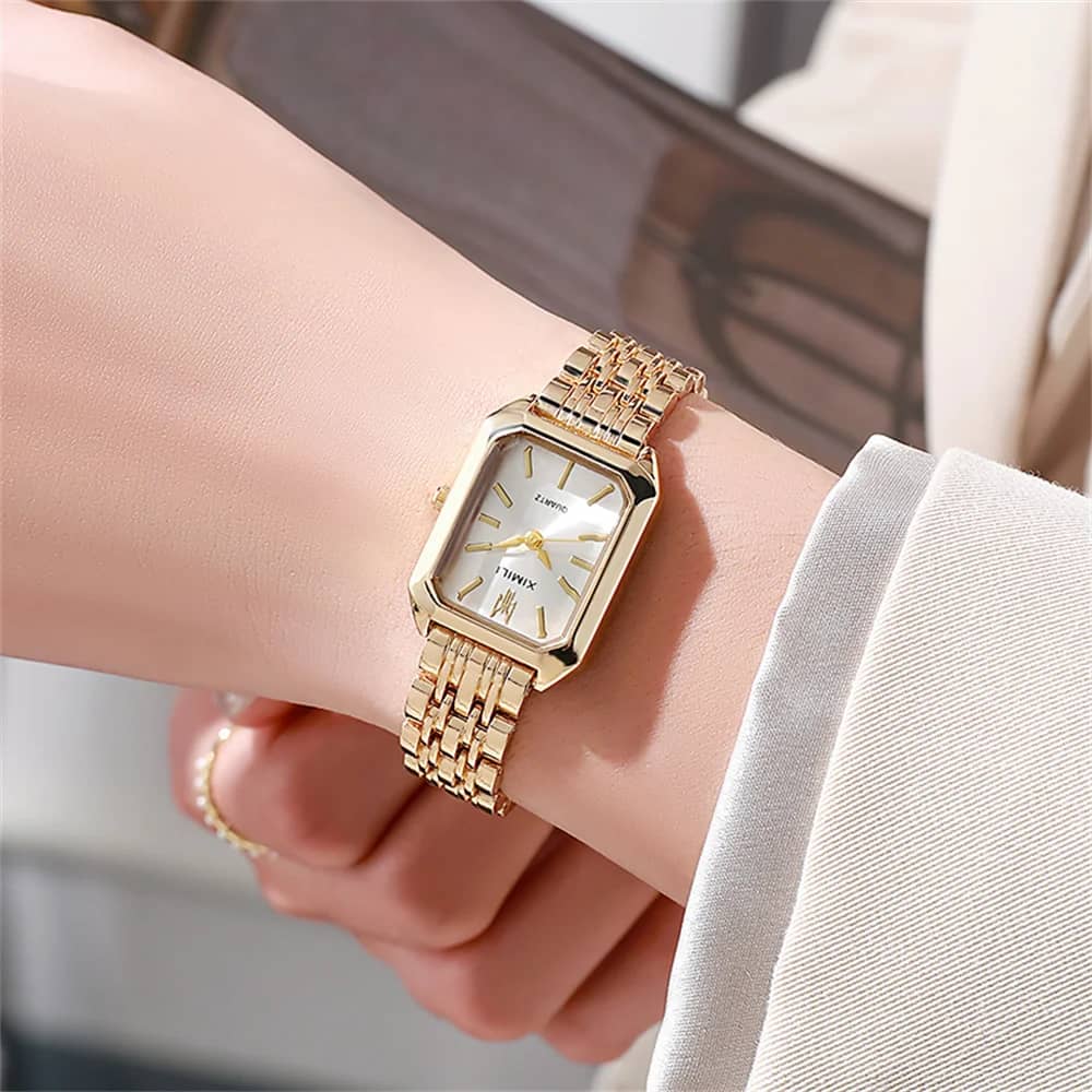 Luxury Gold Plated Stainless Steel Women's Fashion Quartz Watch - Elegant Square Dial Business Casual Style with Folding Clasp - Image 3