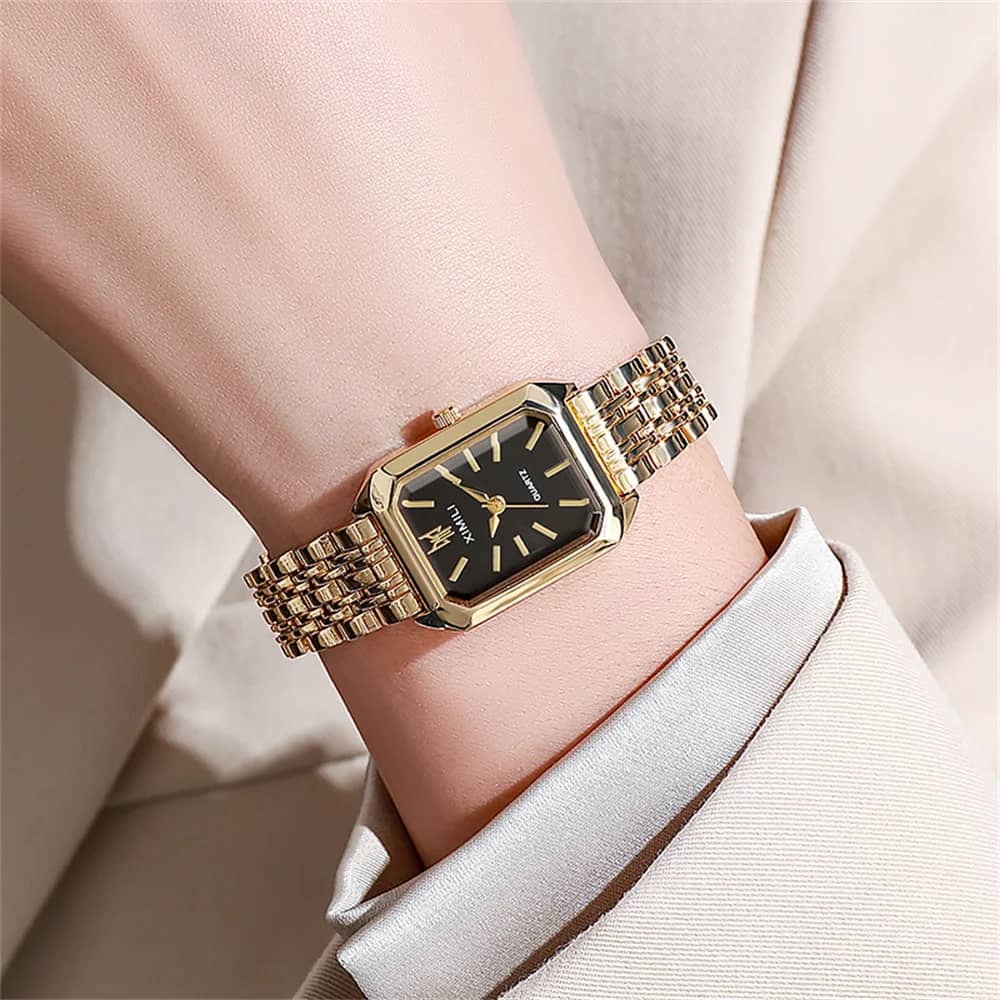 Luxury Gold Plated Stainless Steel Women's Fashion Quartz Watch - Elegant Square Dial Business Casual Style with Folding Clasp - Image 5