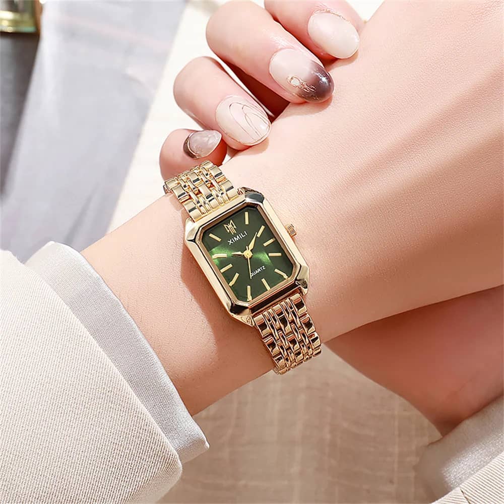 Luxury Gold Plated Stainless Steel Women's Fashion Quartz Watch - Elegant Square Dial Business Casual Style with Folding Clasp - Image 2
