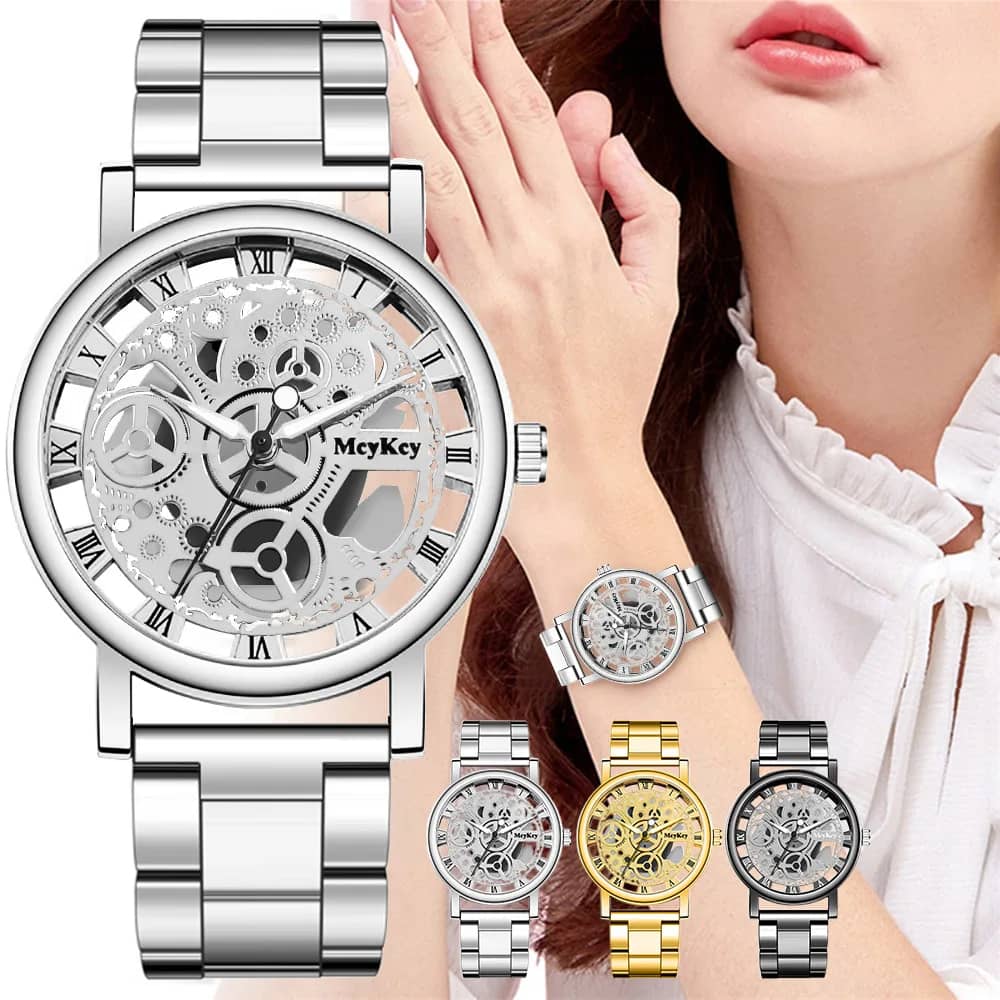 Fashionable Women's Skeleton Faux Mechanical Quartz Watch with Metal Mesh Strap - Elegant Rosy Gold Design for Casual & Sporty Looks - Image 2