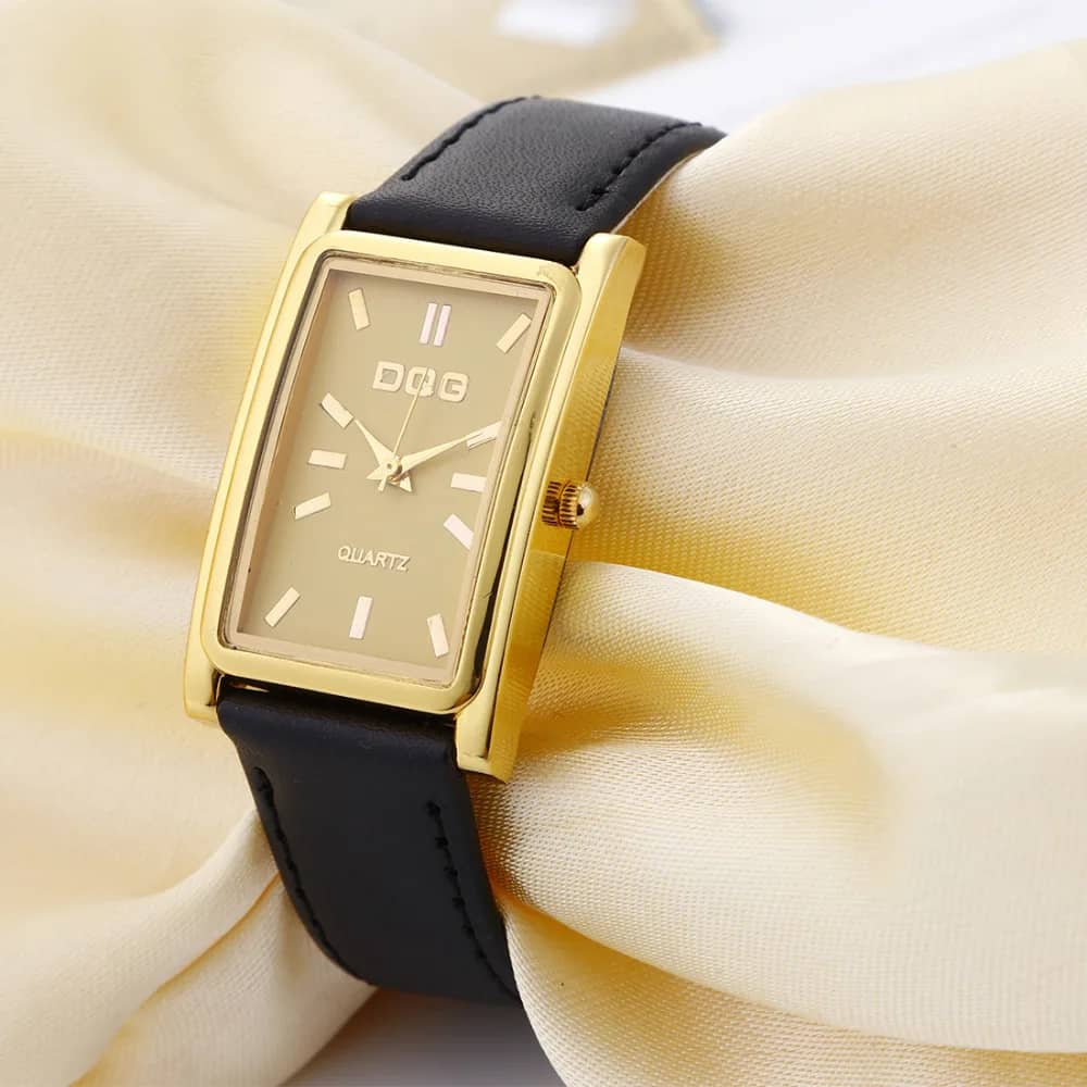 DQG Luxury Women's Rectangle Quartz Watch - Gold Dial Leather Strap Dress Watch for Business & Casual Wear - Image 3