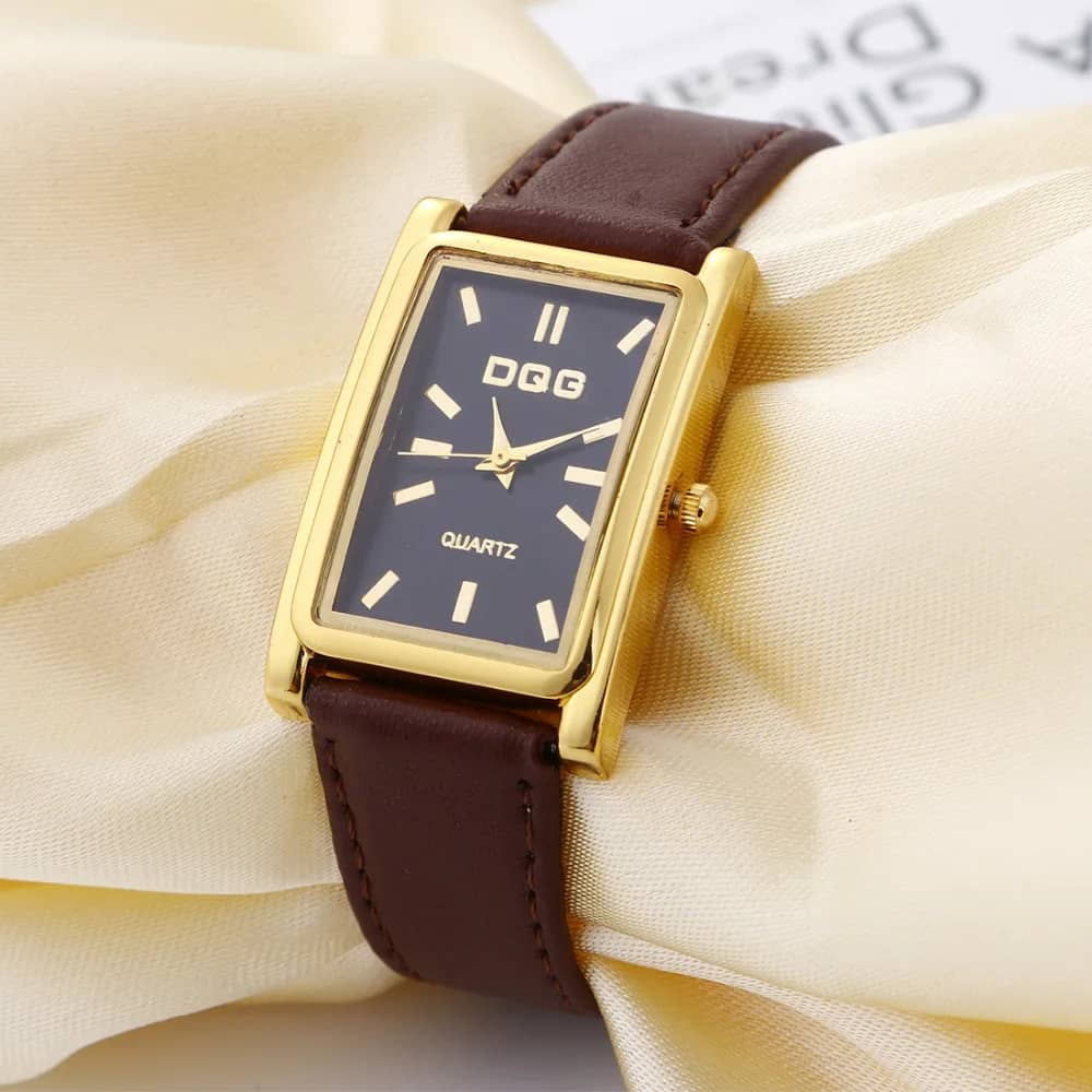 DQG Luxury Women's Rectangle Quartz Watch - Gold Dial Leather Strap Dress Watch for Business & Casual Wear - Image 4