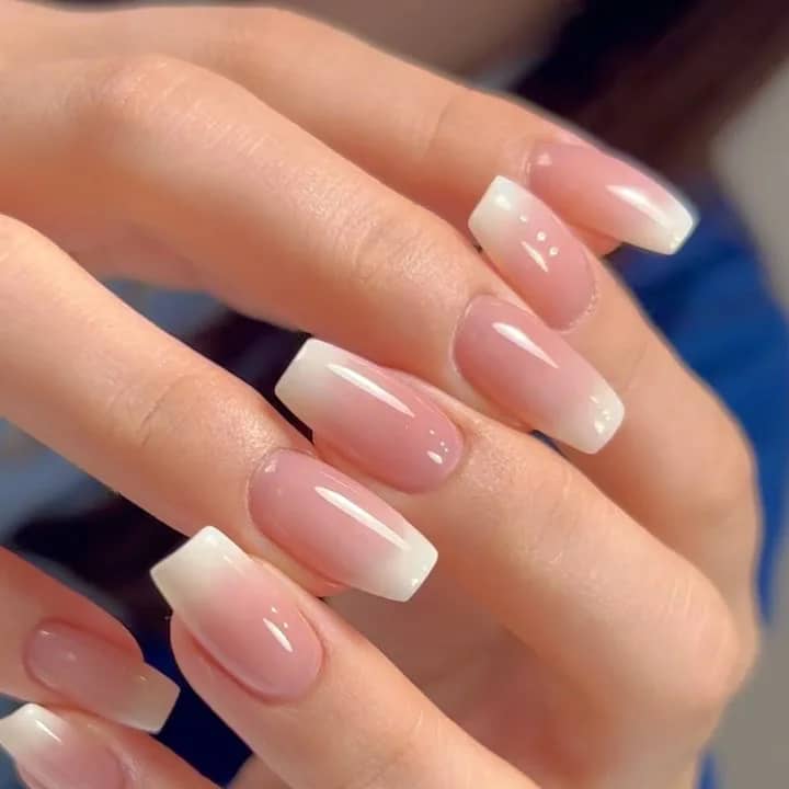 24Pcs Pink White Gradient French Press-On False Nails - Short Square Full Cover ABS Nail Tips with Jelly Glue for Easy Application - Image 6