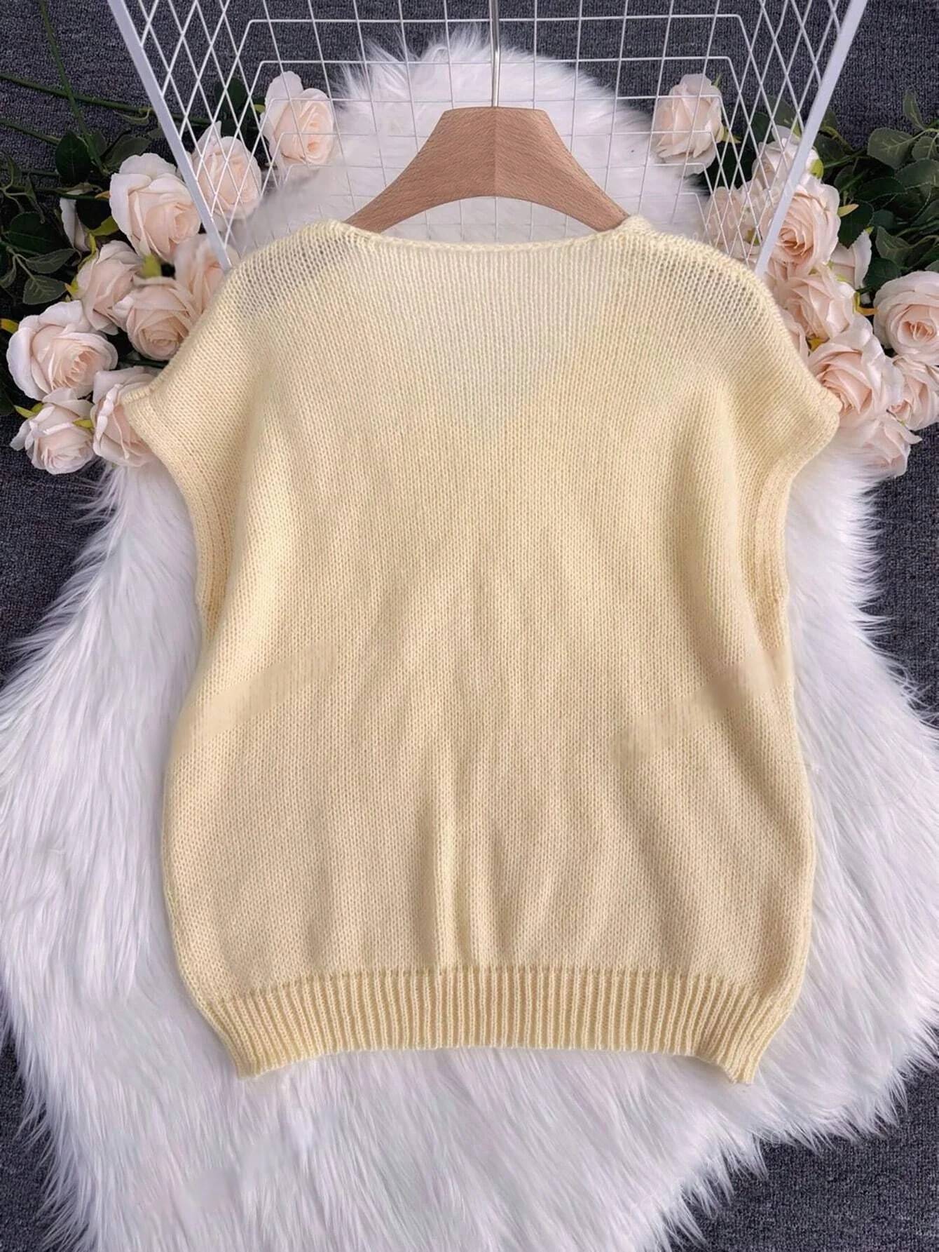 Women's V-Neck Short-Sleeve Sweater - Casual Solid Color Versatile Top for Spring/Summer Daily Commuting & Dates - Image 2