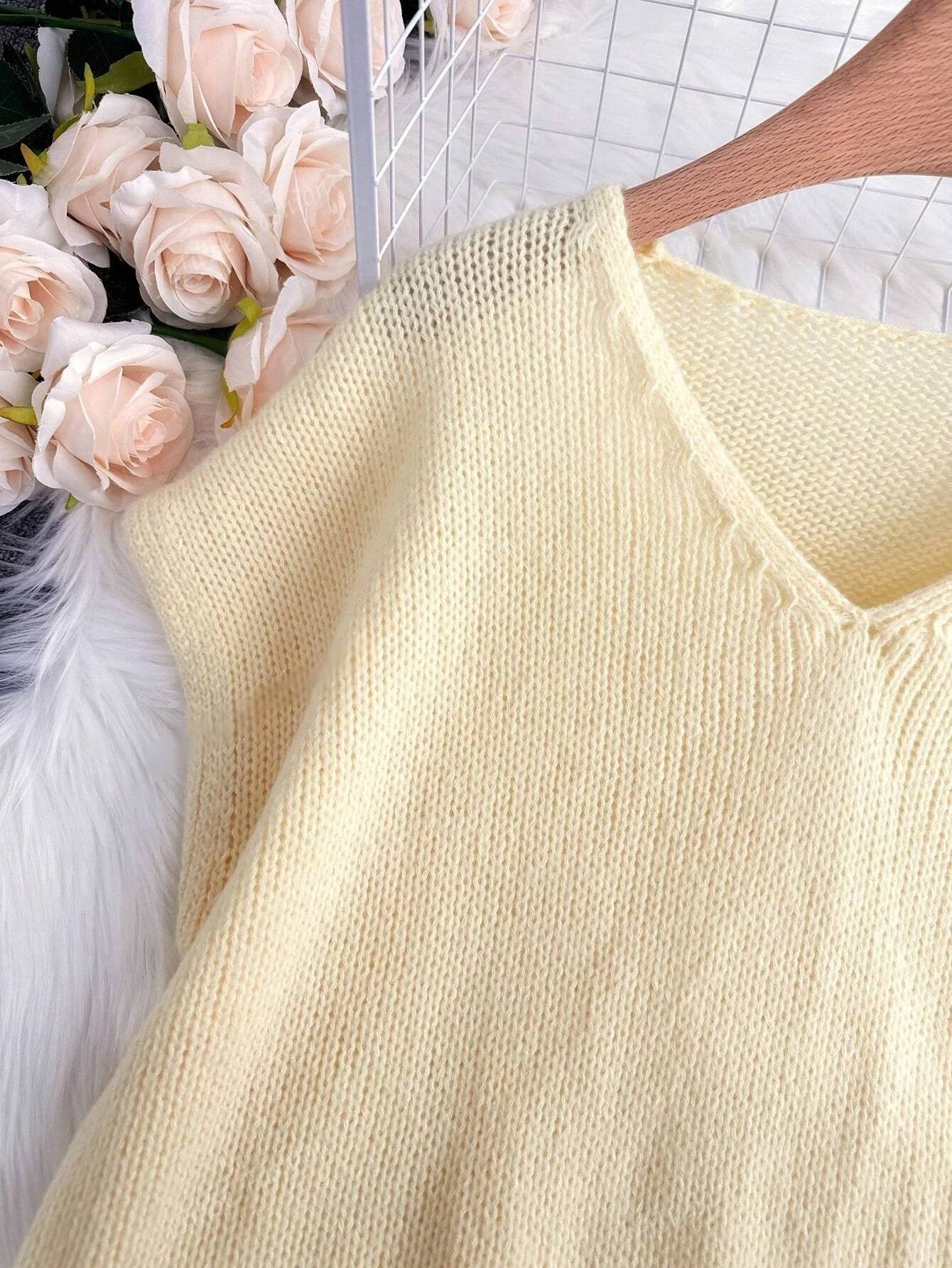 Women's V-Neck Short-Sleeve Sweater - Casual Solid Color Versatile Top for Spring/Summer Daily Commuting & Dates - Image 4