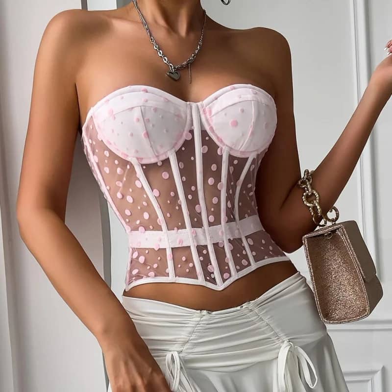Sexy Y2K Polka Dot Sheer Bustier Crop Top - Lace-Up Corset Boned Waist Sleeveless Summer Clubbing Fashion (Black/White/Pink) - Image 4