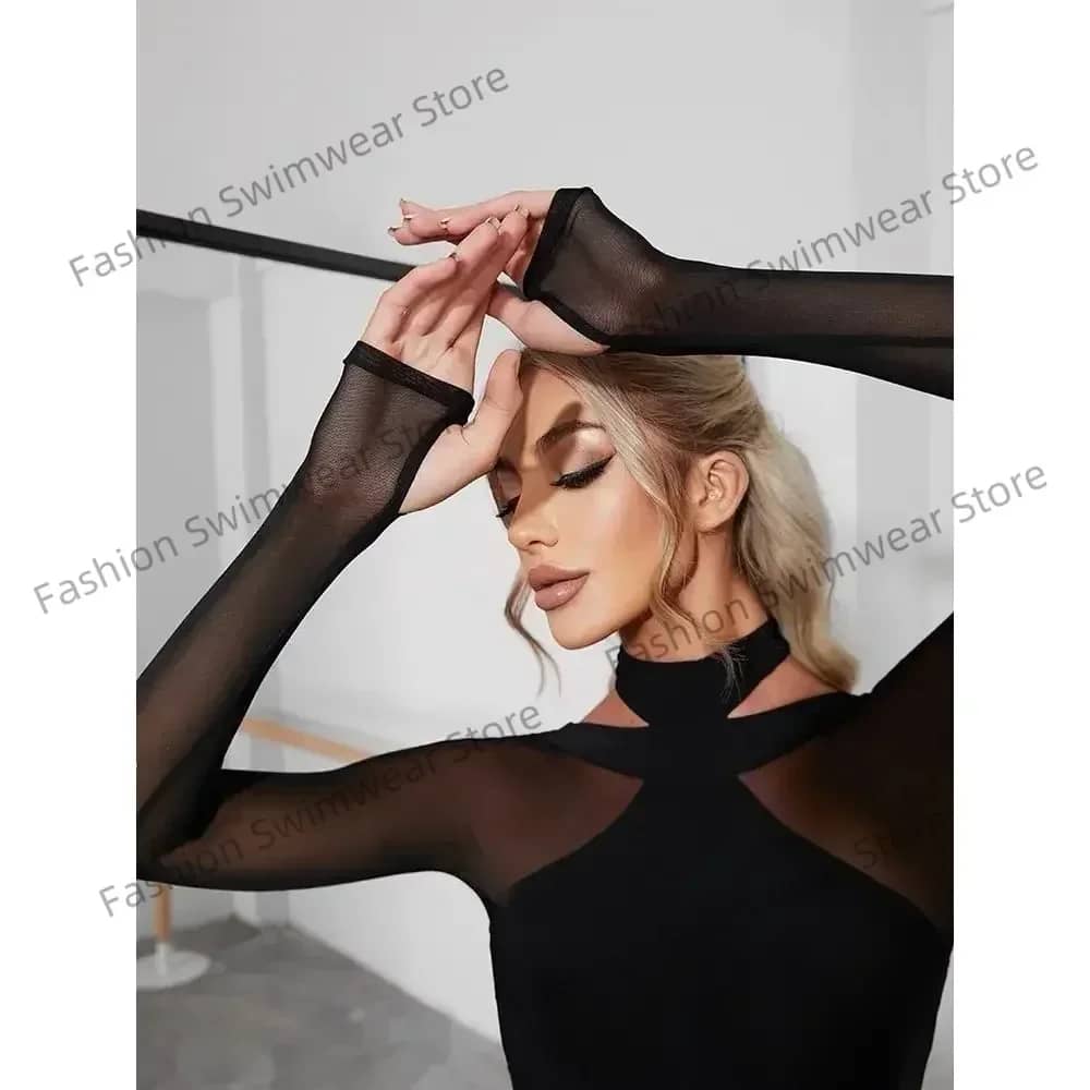 Women's Black Mesh Latin Dance Leotard Top with Conjoined Jumpsuit Design, Backless Style for Cha-cha, Samba, Rumba Training and Performance - Image 6