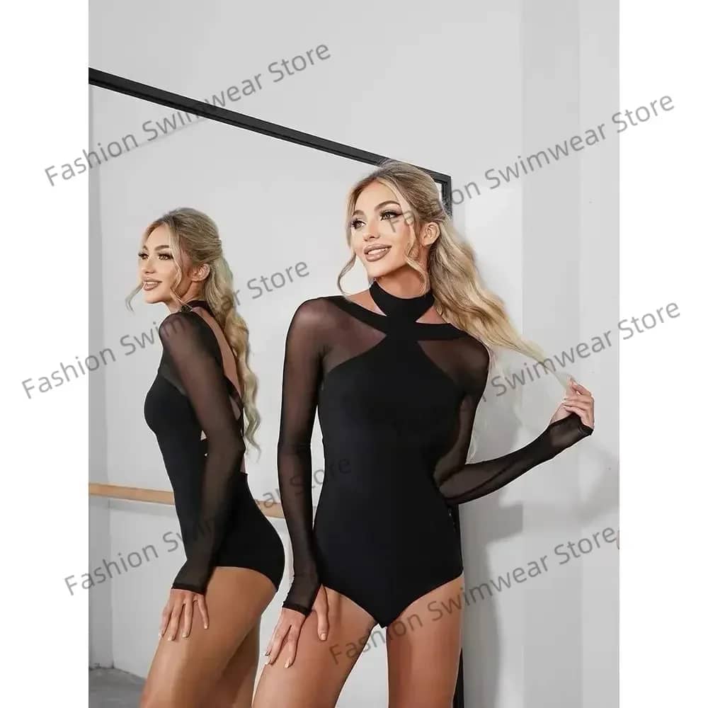 Women's Black Mesh Latin Dance Leotard Top with Conjoined Jumpsuit Design, Backless Style for Cha-cha, Samba, Rumba Training and Performance - Image 2