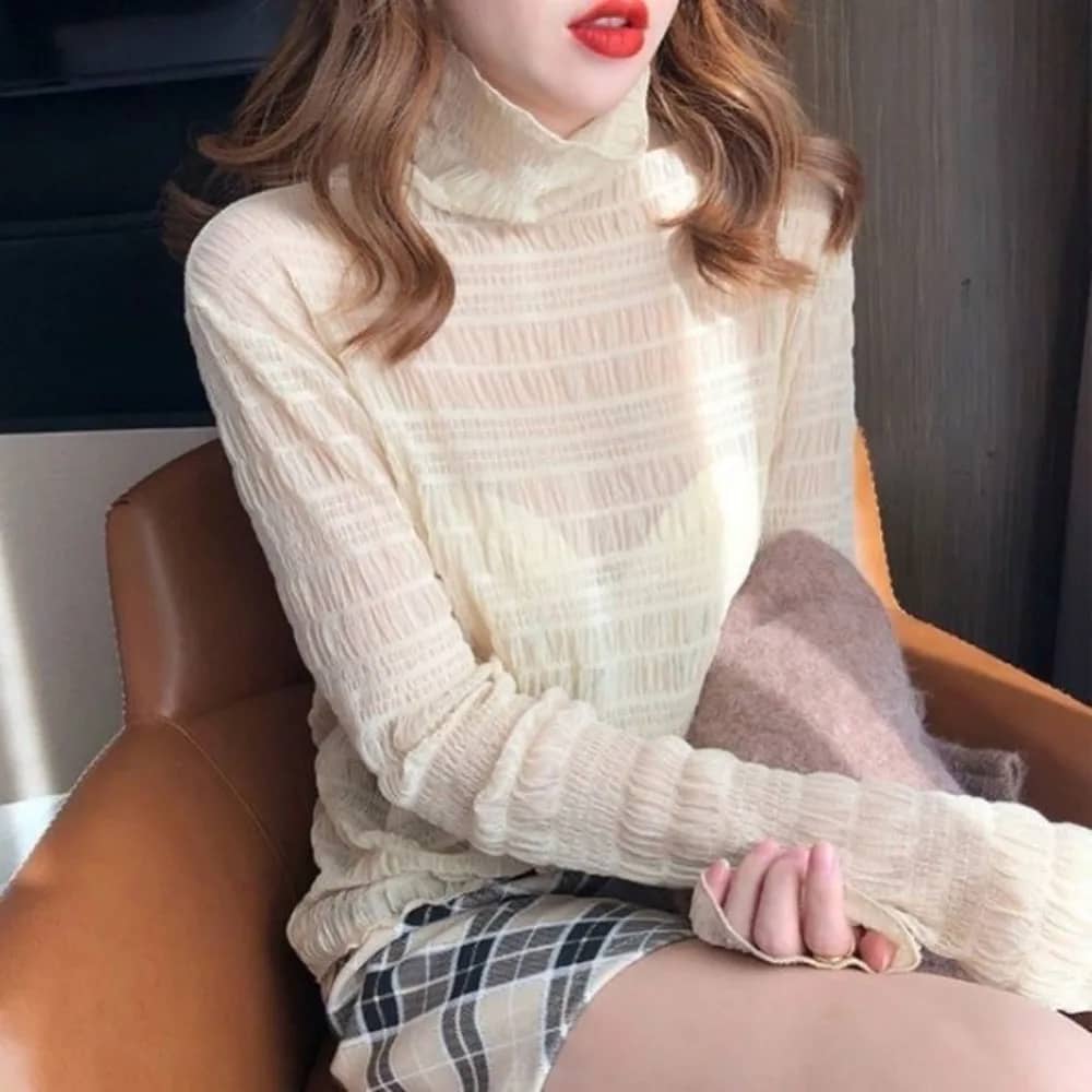Sexy Women's Sheer Mesh Long Sleeve Crop Top with Lace Detail - See-Through O-Neck Blouse for Fashionable Outings - Image 6