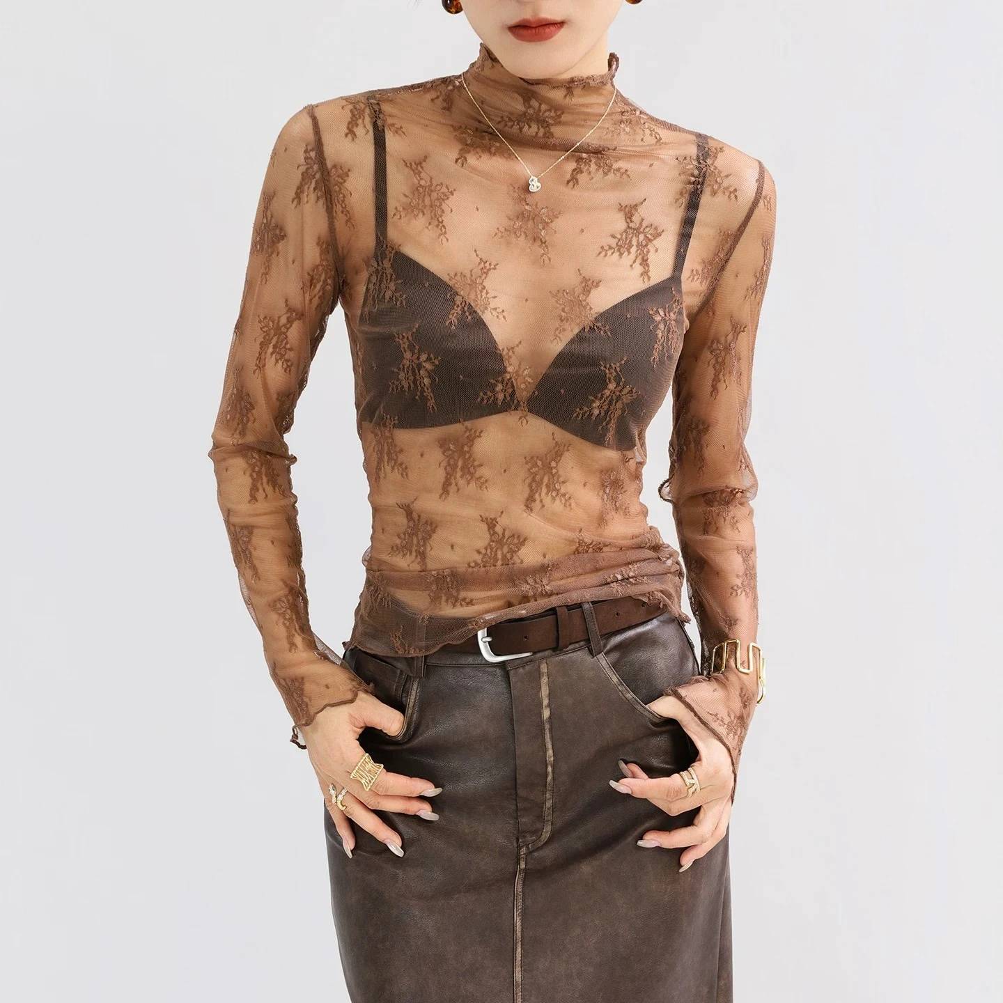 Sexy Women's Sheer Mesh Long Sleeve Crop Top with Lace Detail - See-Through O-Neck Blouse for Fashionable Outings - Image 3