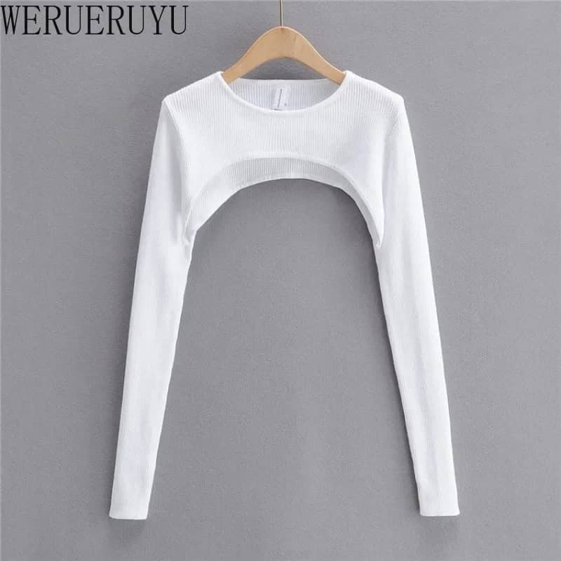 Women's Long Sleeve Crop Top - Y2k Aesthetic Knitted T-Shirt, O-Neck, Black/White, Spring/Autumn Fashion for a Chic Harajuku Look - Image 3