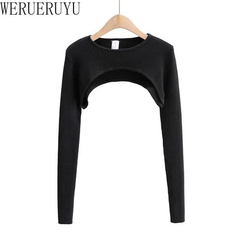 Women's Long Sleeve Crop Top - Y2k Aesthetic Knitted T-Shirt, O-Neck, Black/White, Spring/Autumn Fashion for a Chic Harajuku Look - Image 5