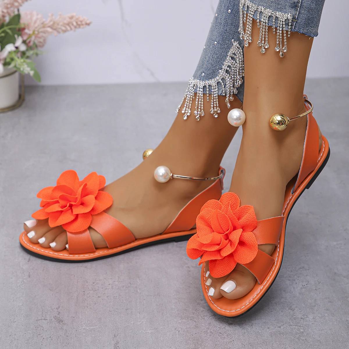 Fashion Flower Pearl Embellished Flat Sandals for Women - Summer New Solid Color Round Head Comfortable Leisure Non-slip Footwear - Image 4