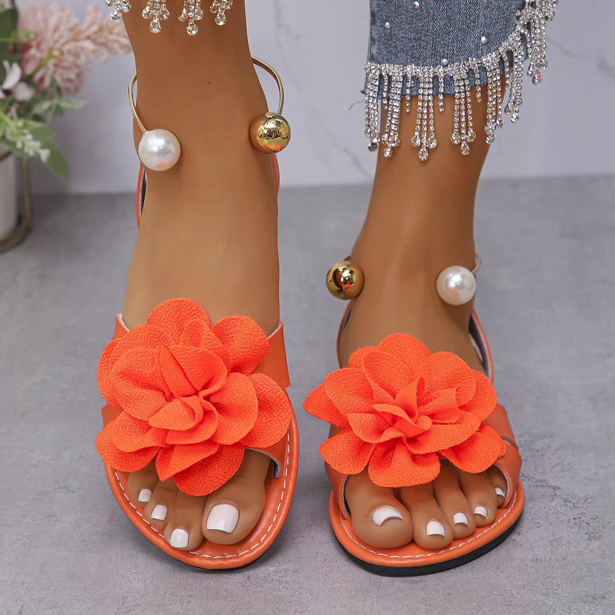 Fashion Flower Pearl Embellished Flat Sandals for Women - Summer New Solid Color Round Head Comfortable Leisure Non-slip Footwear - Image 6