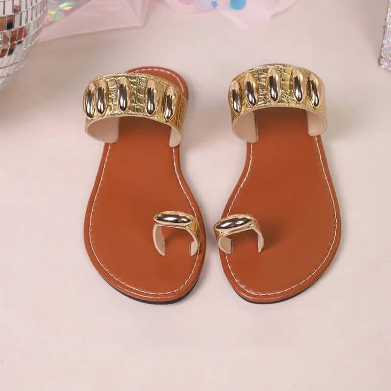 Bohemian Gold Embellished Flat Sandals Women's Casual Toe Ring Croc Strap Flip Flops for Summer Beach Wear - Image 5