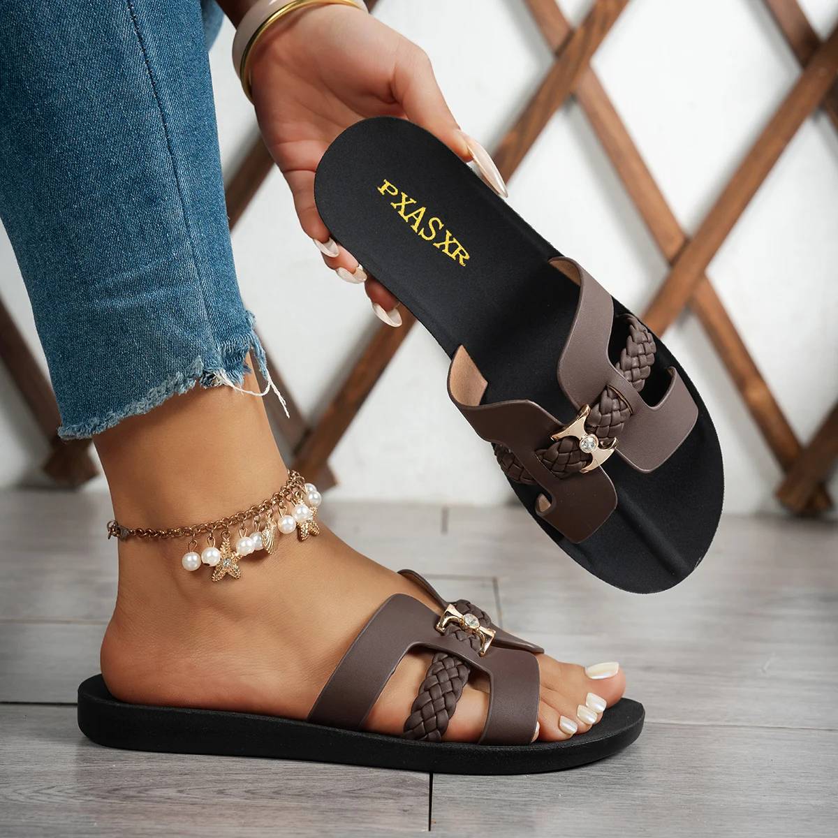 Women's Braided Strap Flat Sandals with Gold Rhinestone Buckle - Comfortable & Chic Daily Wear Shoes for Shopping & Outings - Image 5