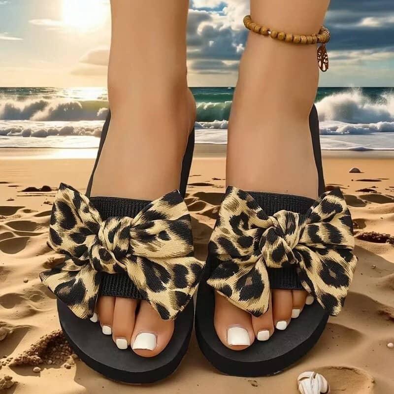 Women's Fashion Leopard Print Bow Slippers - Lightweight Comfortable Flat Slides Sandals, Summer Beach Pool Shoes, Plus Size 42 - Image 3