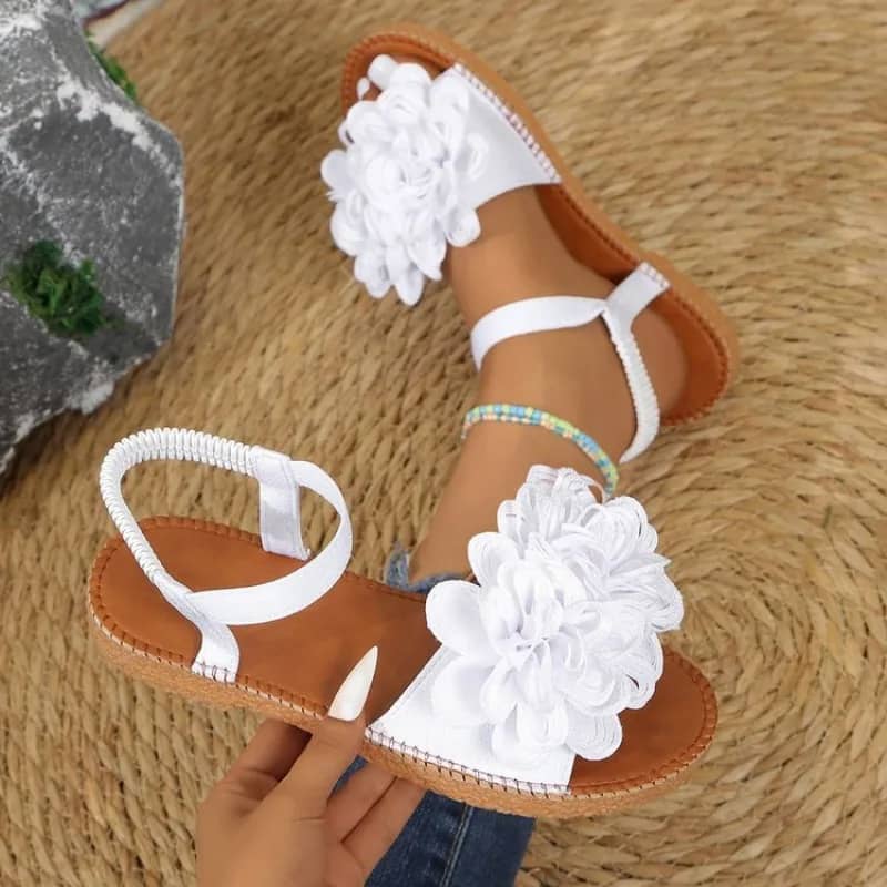 Women's White Floral Flat Sandals - Bohemian Summer Beach Casual Shoes with Elastic Ankle Strap, Open Toe Comfort Footwear for Ladies - Image 1