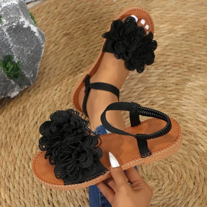 Women's White Floral Flat Sandals - Bohemian Summer Beach Casual Shoes with Elastic Ankle Strap, Open Toe Comfort Footwear for Ladies - Image 3