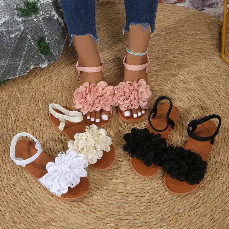 Women's White Floral Flat Sandals - Bohemian Summer Beach Casual Shoes with Elastic Ankle Strap, Open Toe Comfort Footwear for Ladies - Image 5