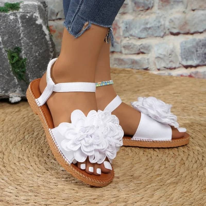 Women's White Floral Flat Sandals - Bohemian Summer Beach Casual Shoes with Elastic Ankle Strap, Open Toe Comfort Footwear for Ladies - Image 6