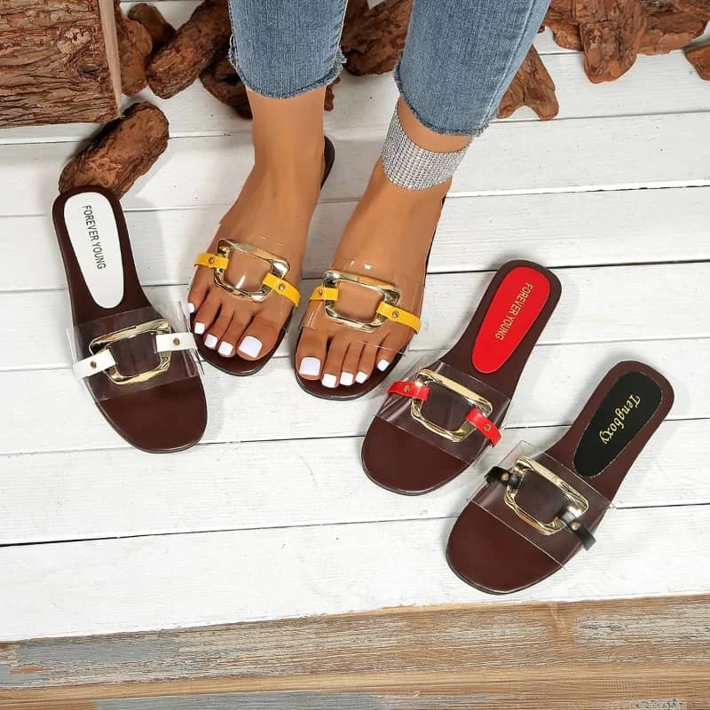 Summer 2025 Women's Fashion Flat Sandals with Metal Strap - Stylish & Comfortable Slip-On Slippers for Everyday Wear - Image 3