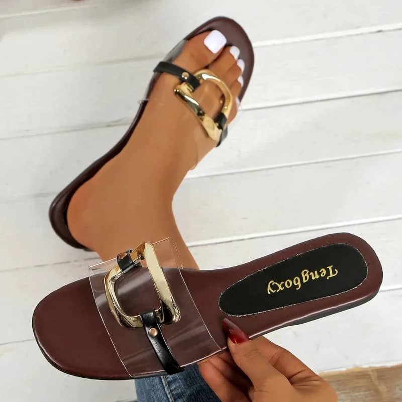 Summer 2025 Women's Fashion Flat Sandals with Metal Strap - Stylish & Comfortable Slip-On Slippers for Everyday Wear - Image 2