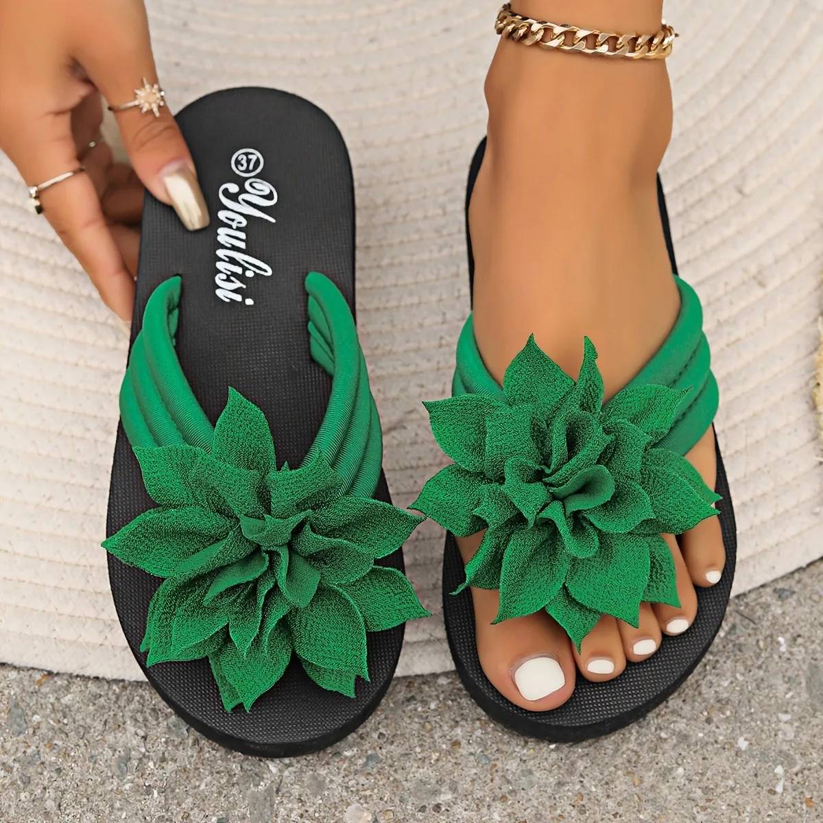 Women's Floral Flip Flops - Slip-On Summer Sandals with Mid Heel, Fabric Upper, EVA Sole for Vacation & Casual Wear - Image 3