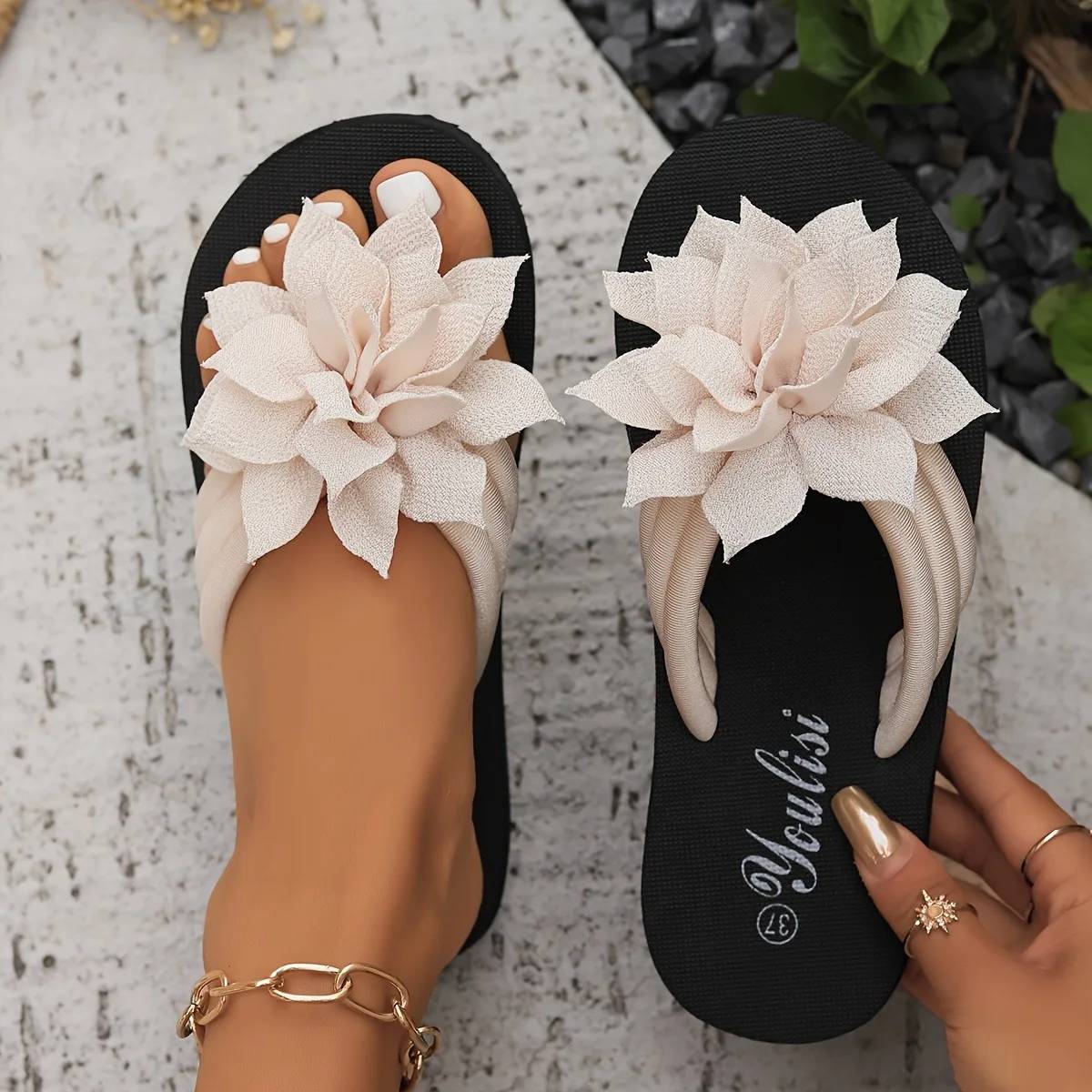 Women's Floral Flip Flops - Slip-On Summer Sandals with Mid Heel, Fabric Upper, EVA Sole for Vacation & Casual Wear - Image 2