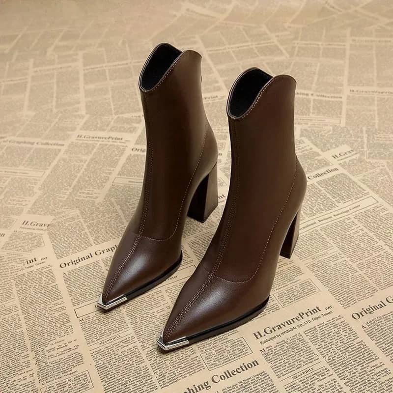 Elegant Women's Pointed Toe Ankle Boots - Fashion Square High Heel with Back Zipper, Chic Winter Footwear for Ladies - Image 5