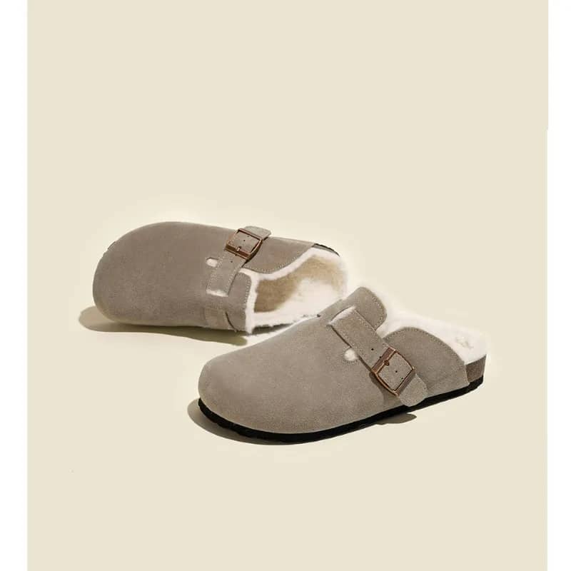 Women's Cozy Winter Fur Boston Clogs - Fashionable Cork Insole Plush Slippers with Arch Support, Warm Suede Mules for Home & Casual Wear - Image 5