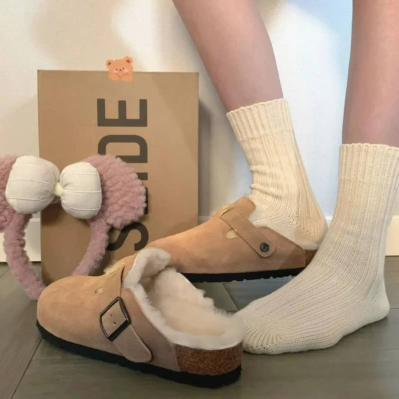 Women's Cozy Winter Fur Boston Clogs - Fashionable Cork Insole Plush Slippers with Arch Support, Warm Suede Mules for Home & Casual Wear - Image 1