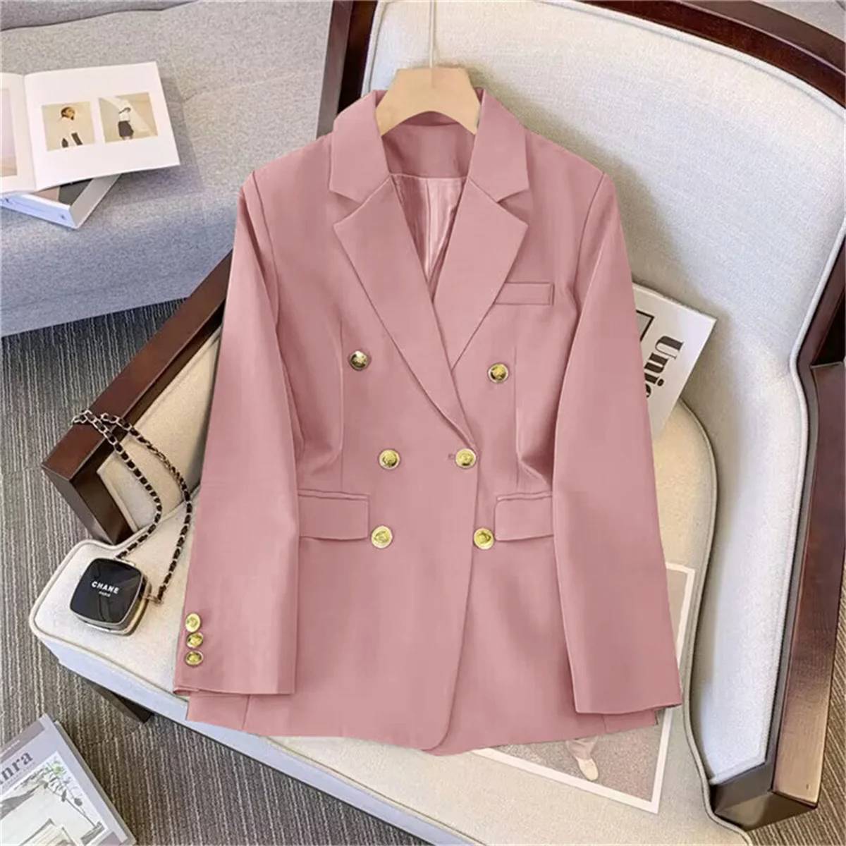 Women's Fashion Temperament Blazer - Long Sleeve Double Breasted Slim Fit Coat for Office Lady Casual Outwear, Perfect for Fall & Spring - Image 4