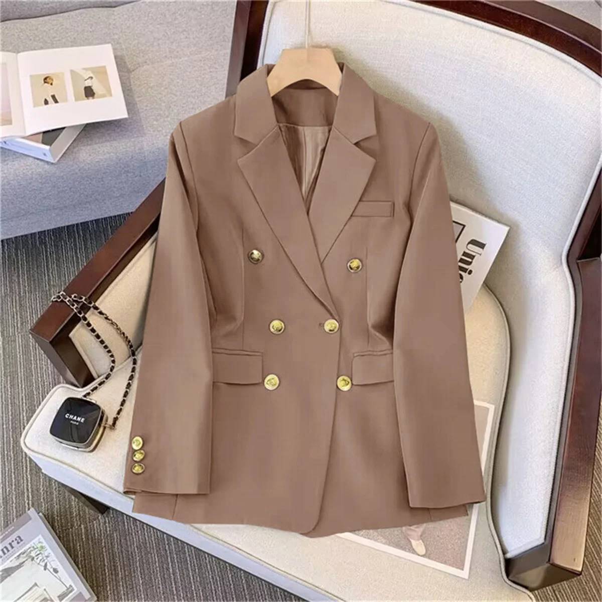 Women's Fashion Temperament Blazer - Long Sleeve Double Breasted Slim Fit Coat for Office Lady Casual Outwear, Perfect for Fall & Spring - Image 2