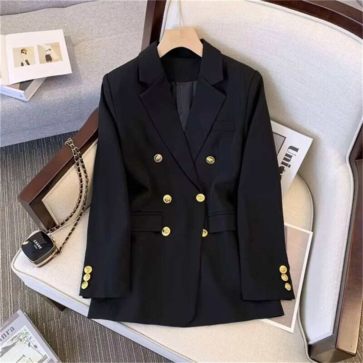Women's Fashion Temperament Blazer - Long Sleeve Double Breasted Slim Fit Coat for Office Lady Casual Outwear, Perfect for Fall & Spring - Image 3
