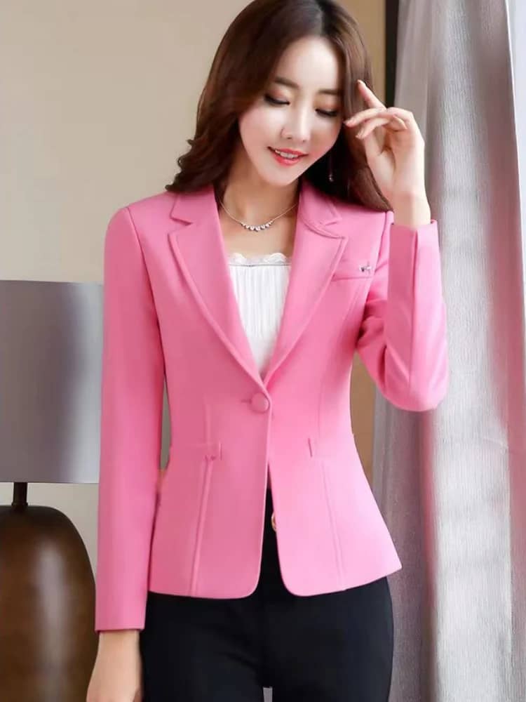 Women's Pink Slim Fit Blazer Jacket - Korean Style Casual Chic Elegant Short Sleeve Top for Spring/Autumn - Image 1