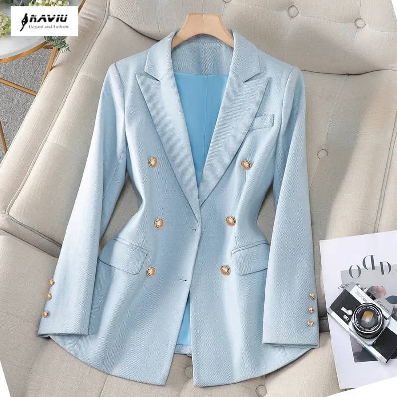 NAVIU High-End Women's Blazer Jacket - Spring/Autumn Office Business Suit, Long Sleeve Coat in Blue, Pink, or Apricot - Image 1