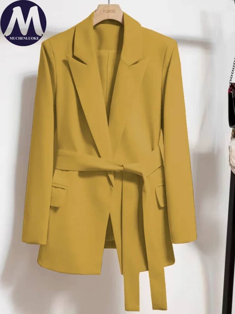 Women's Long Sleeve Lace-Up Blazer Top - Loose Fit Casual Office Wear, Korean Fashion Style for Spring & Autumn - Image 3