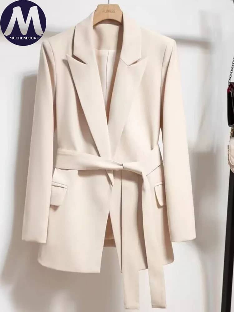 Women's Long Sleeve Lace-Up Blazer Top - Loose Fit Casual Office Wear, Korean Fashion Style for Spring & Autumn - Image 1