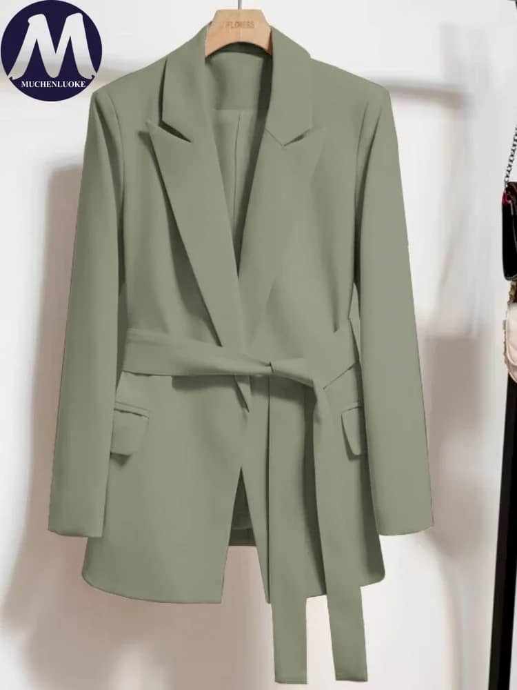 Women's Long Sleeve Lace-Up Blazer Top - Loose Fit Casual Office Wear, Korean Fashion Style for Spring & Autumn - Image 2