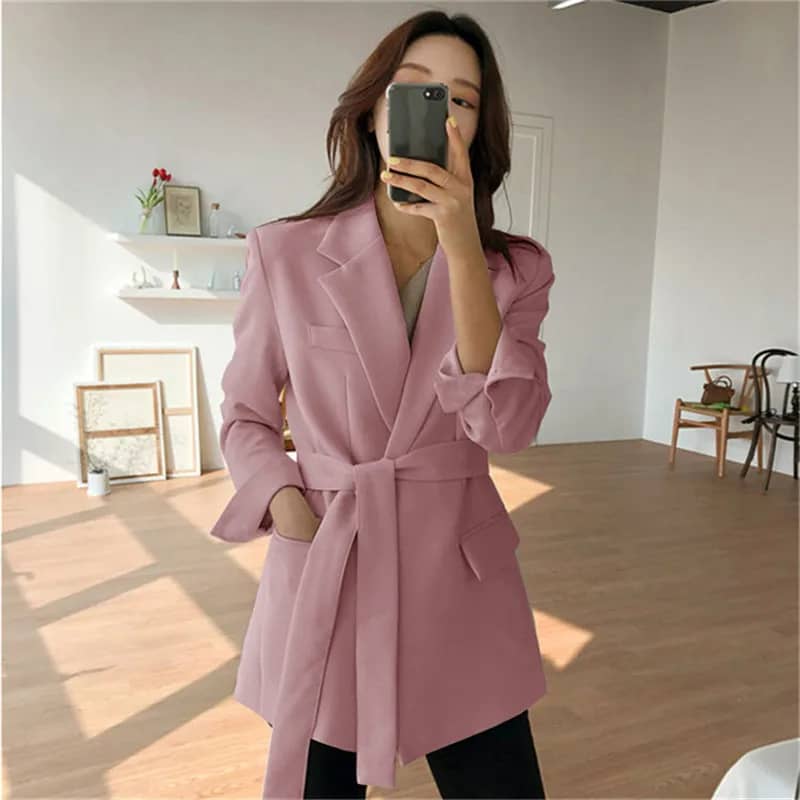 Women's Pink Korean Style Blazer Jacket - Medium Length, British Casual Personality, Spring/Autumn Fashion with Belt Detail - Image 1