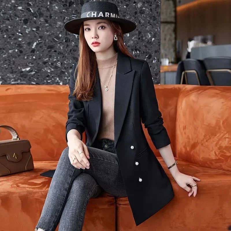Women's Double-Breasted Solid Color Blazer Jacket 2025 New Arrival - Elegant Notched Loose Fit OL Style Winter Coat for Professional & Casual Wear - Image 5