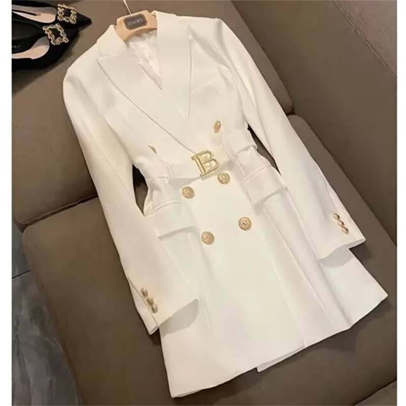 Elegant Women's Double Breasted Long Coat - British Style Suit Collar Windbreaker for Spring Commuting, Polyester, 50-65cm Length - Image 1