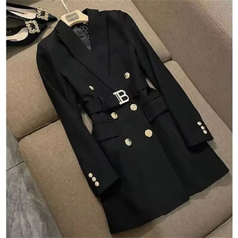 Elegant Women's Double Breasted Long Coat - British Style Suit Collar Windbreaker for Spring Commuting, Polyester, 50-65cm Length - Image 5