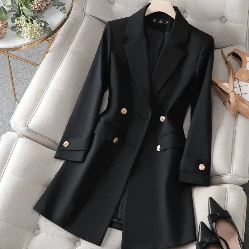 Women's Long Blazer Jacket - Autumn Winter Office Formal Business Work Wear Coat in Khaki, Coffee, Black - Image 5