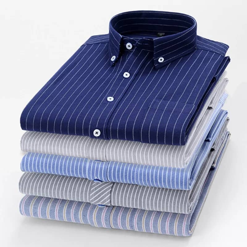 Men's Korean Style Oxford Cotton Long Sleeve Shirt - Versatile Striped Pattern, No Ironing Casual Wear for Youth - Image 1