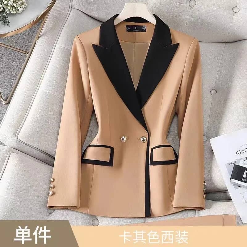Women's Autumn Contrast Color Double Breasted Notched Loose Fit Blazer Coat - Stylish Long Sleeve Office Jacket for Fashionable Ladies - Image 6