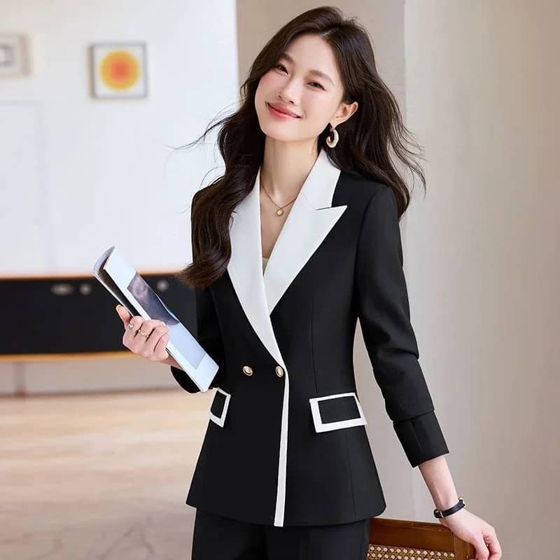 Women's Autumn Contrast Color Double Breasted Notched Loose Fit Blazer Coat - Stylish Long Sleeve Office Jacket for Fashionable Ladies - Image 4