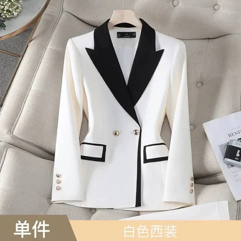 Women's Autumn Contrast Color Double Breasted Notched Loose Fit Blazer Coat - Stylish Long Sleeve Office Jacket for Fashionable Ladies - Image 1