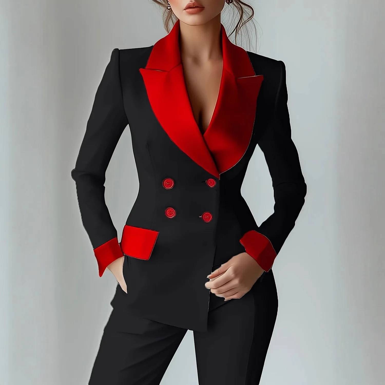 Women's Patchwork Long Sleeve Suit Jacket Set - Autumn/Winter Polyester Blend, Comfortable Casual Commute Style, Double-Breasted, Color Block, Petal Sleeves - Image 3